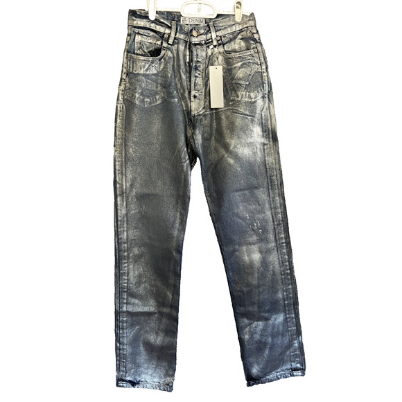 EB Denim Silver Coated Jeans Women 26 $320 MSRP Straight High Rise Festival Rave - Picture 2 of 16